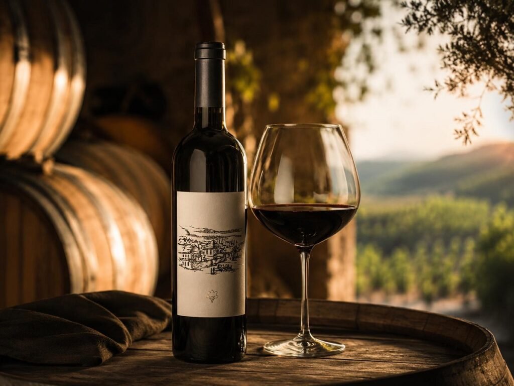 campiña y barricas de vino de merlot